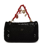 Small Coco Beach Macrame Charms Flap Bag Black Mesh Gold Hardware