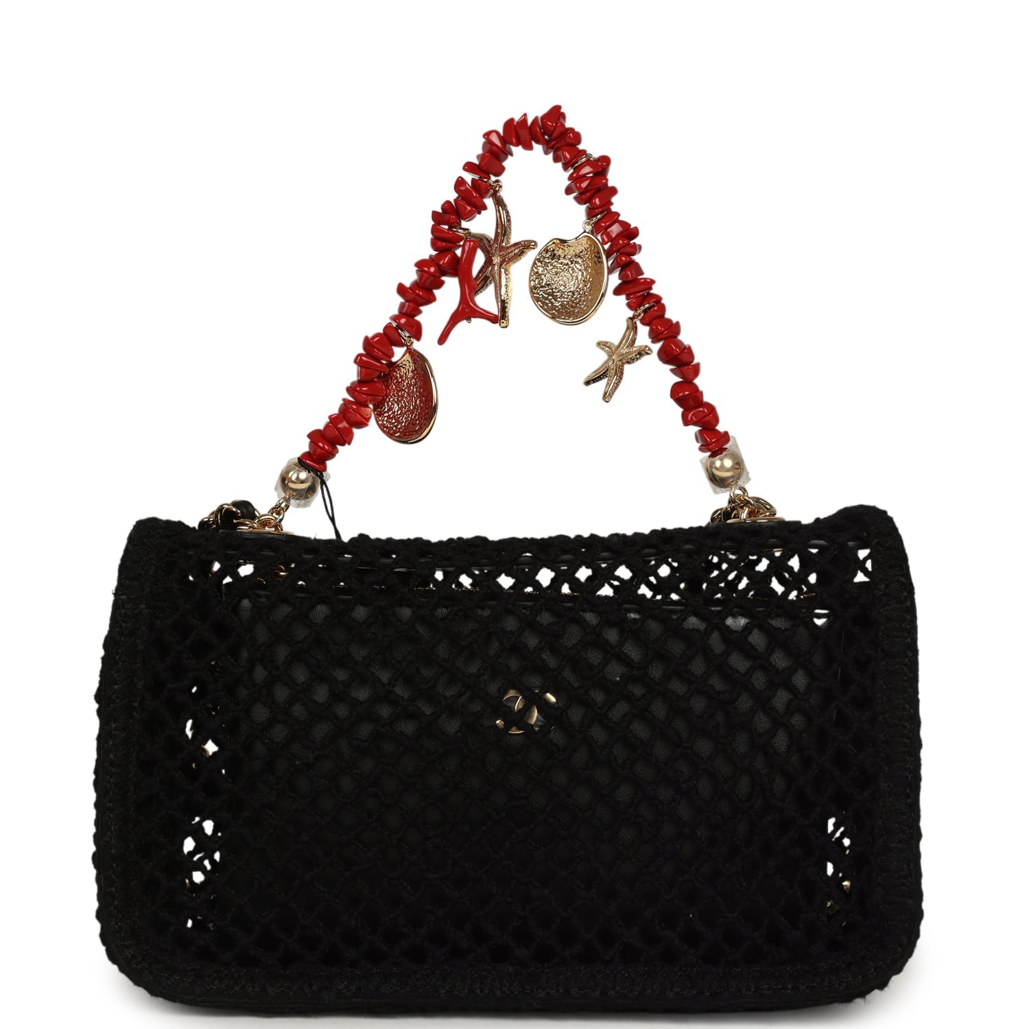 Small Coco Beach Macrame Charms Flap Bag Black Mesh Gold Hardware