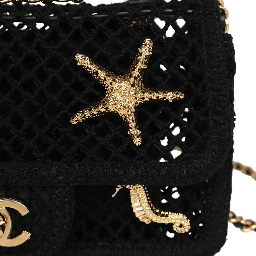 Small Coco Beach Macrame Charms Flap Bag Black Mesh Gold Hardware