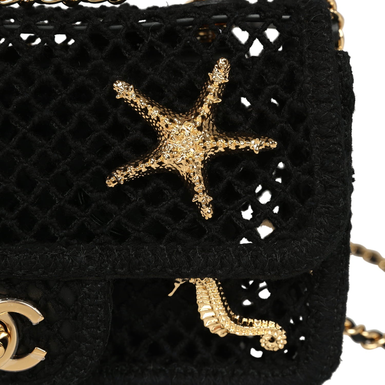 Small Coco Beach Macrame Charms Flap Bag Black Mesh Gold Hardware
