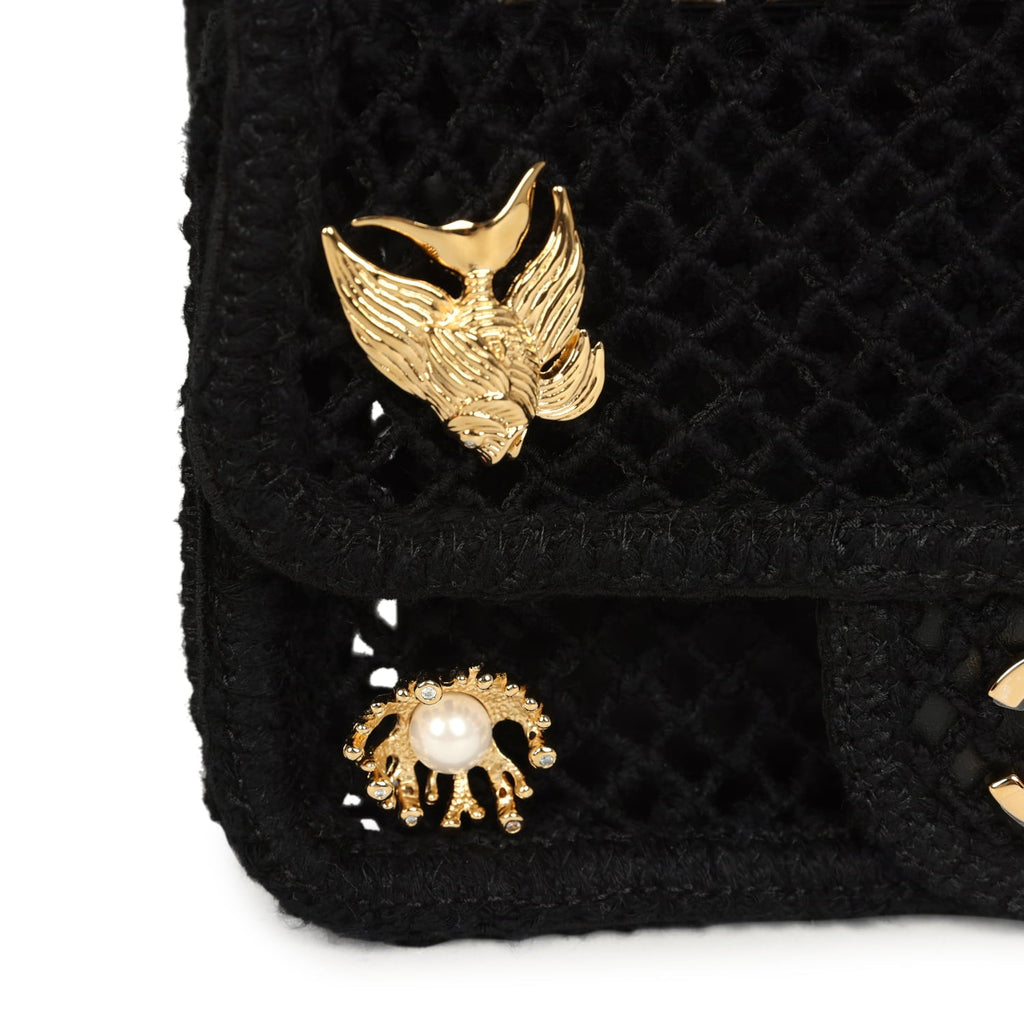 Small Coco Beach Macrame Charms Flap Bag Black Mesh Gold Hardware