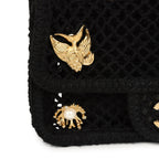 Small Coco Beach Macrame Charms Flap Bag Black Mesh Gold Hardware