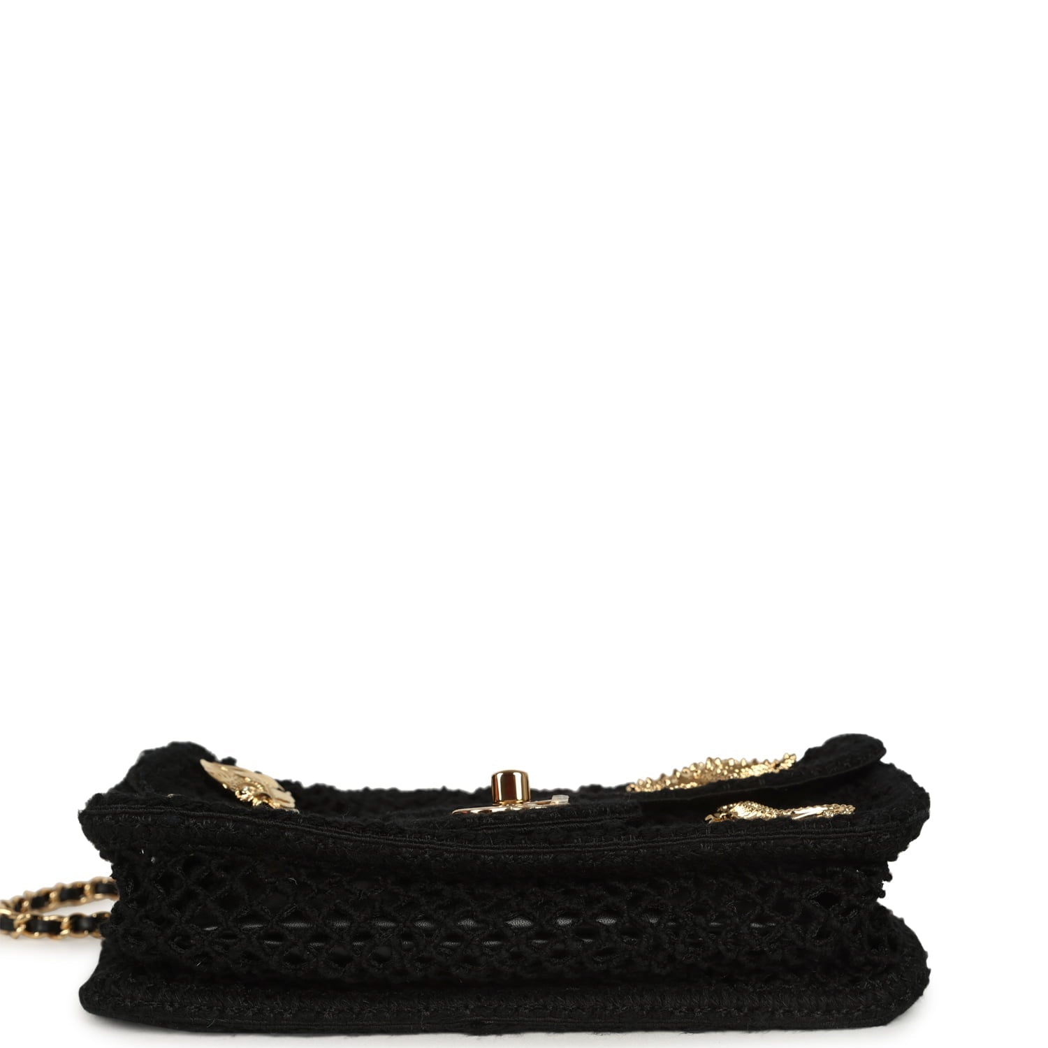 Small Coco Beach Macrame Charms Flap Bag Black Mesh Gold Hardware