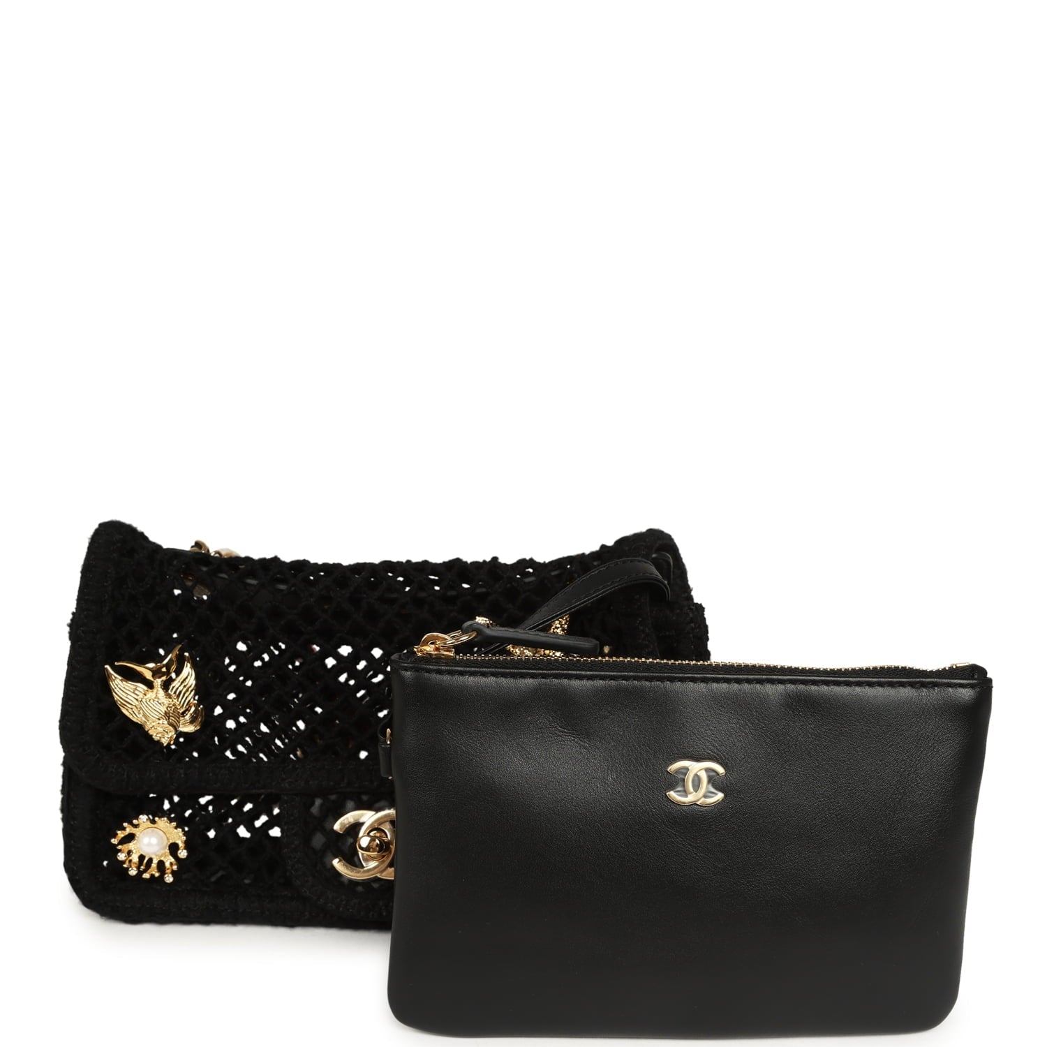 Small Coco Beach Macrame Charms Flap Bag Black Mesh Gold Hardware