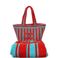 Coco Beach CC Striped Beach Tote Bag & Towel Set Red and Turquoise Terry Silver Hardware