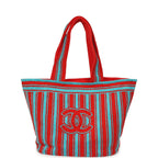 Coco Beach CC Striped Beach Tote Bag & Towel Set Red and Turquoise Terry Silver Hardware