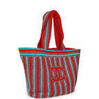 Coco Beach CC Striped Beach Tote Bag & Towel Set Red and Turquoise Terry Silver Hardware