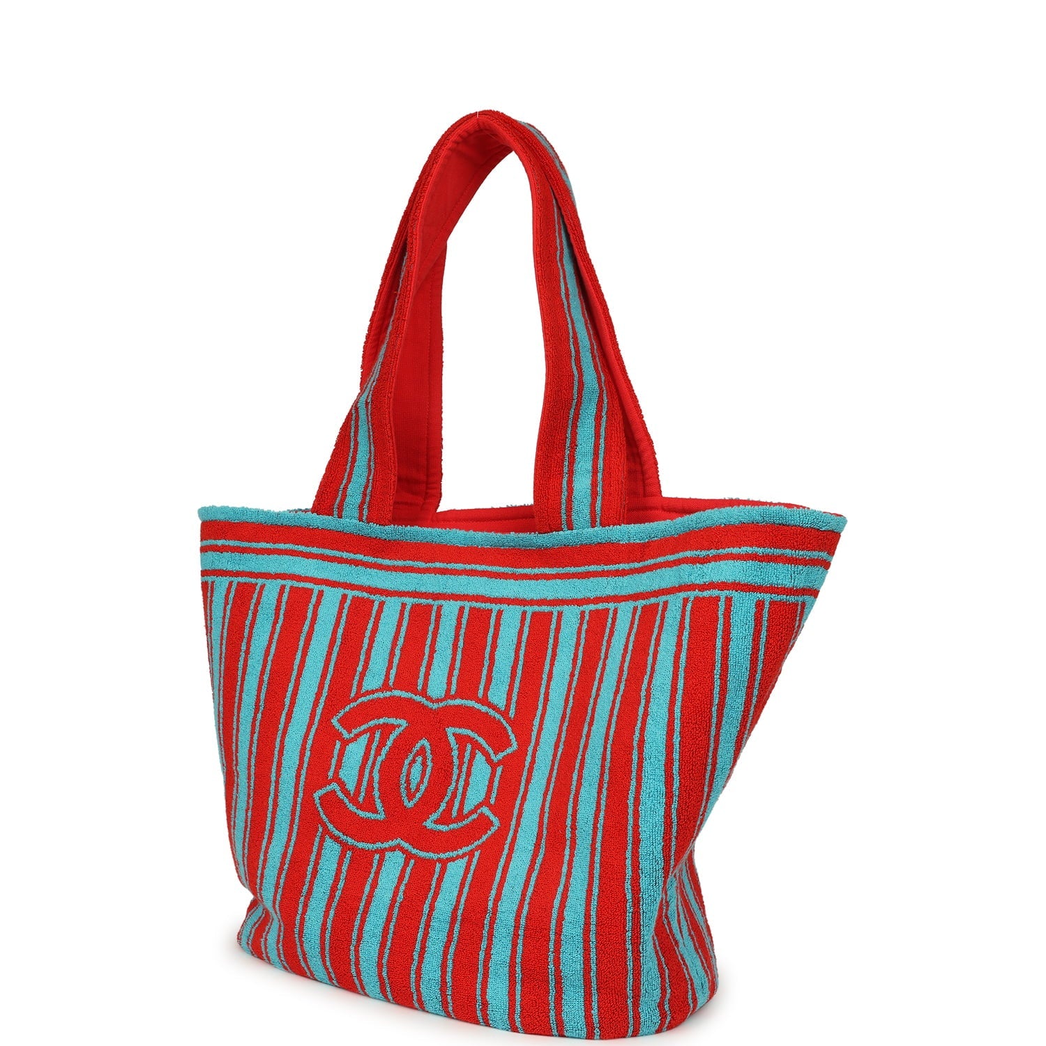 Coco Beach CC Striped Beach Tote Bag & Towel Set Red and Turquoise Terry Silver Hardware