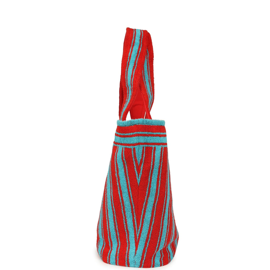 Coco Beach CC Striped Beach Tote Bag & Towel Set Red and Turquoise Terry Silver Hardware