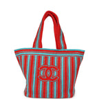 Coco Beach CC Striped Beach Tote Bag & Towel Set Red and Turquoise Terry Silver Hardware