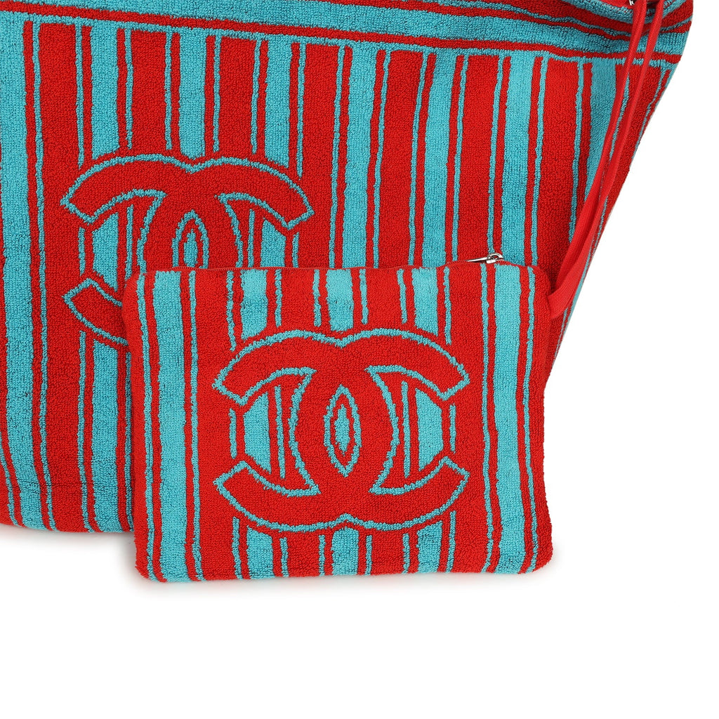 Coco Beach CC Striped Beach Tote Bag & Towel Set Red and Turquoise Terry Silver Hardware