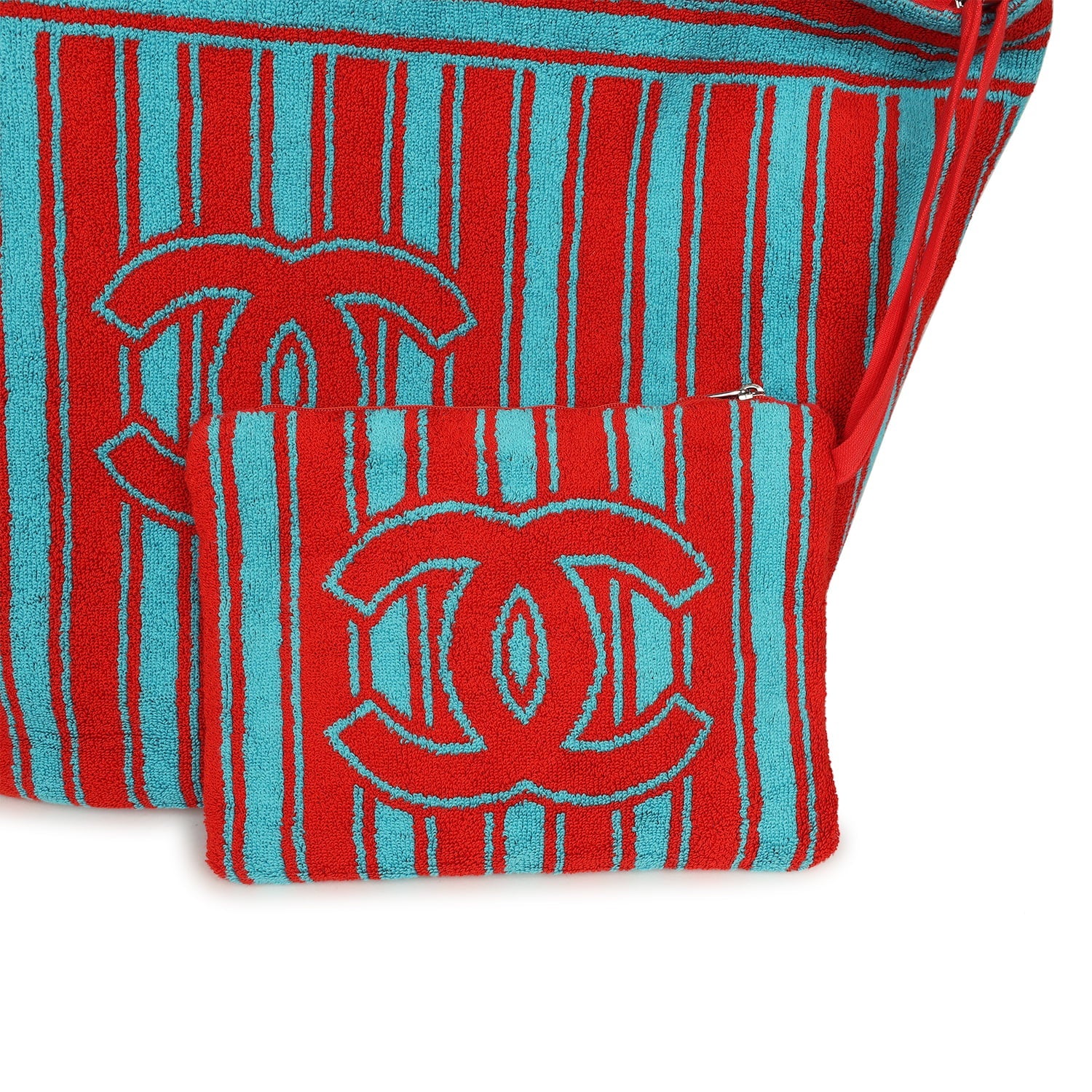 Coco Beach CC Striped Beach Tote Bag & Towel Set Red and Turquoise Terry Silver Hardware