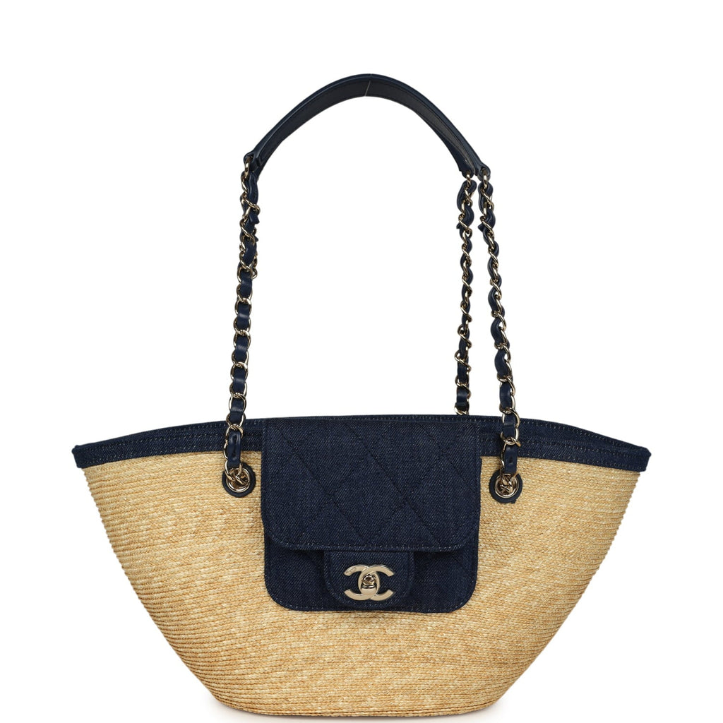 Small Coco Beach Shopping Tote Bag Bag Beige Raffia and Dark Blue Denim Light Gold Hardware