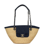 Small Coco Beach Shopping Tote Bag Bag Beige Raffia and Dark Blue Denim Light Gold Hardware