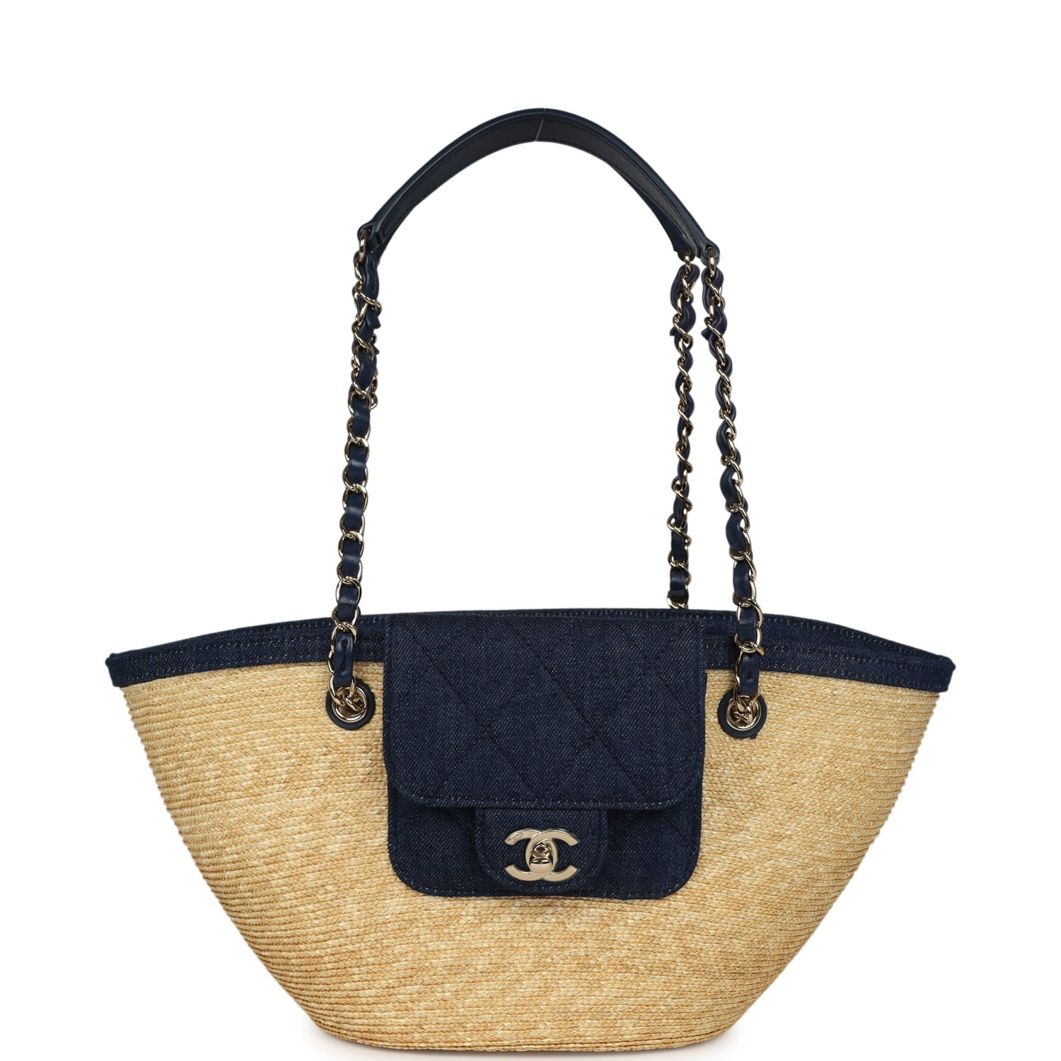 Small Coco Beach Shopping Tote Bag Bag Beige Raffia and Dark Blue Denim Light Gold Hardware