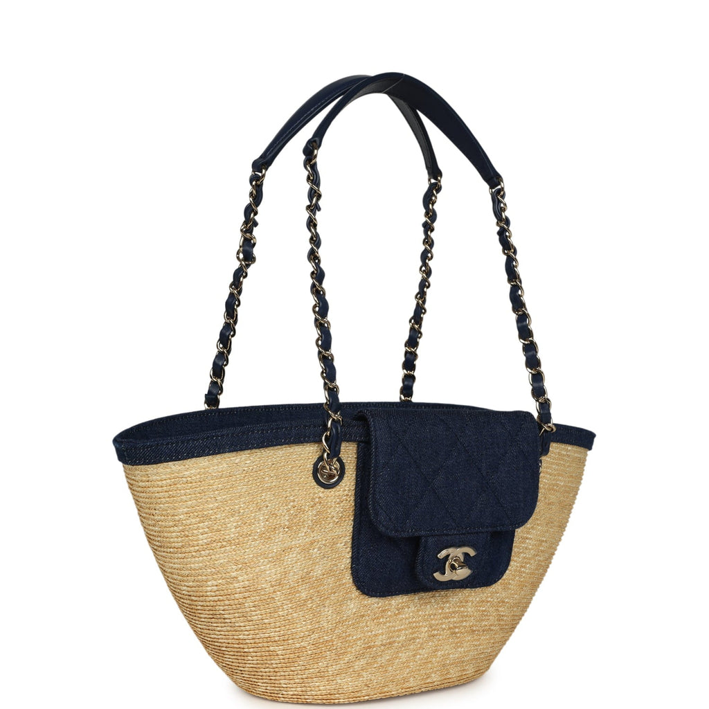 Small Coco Beach Shopping Tote Bag Bag Beige Raffia and Dark Blue Denim Light Gold Hardware