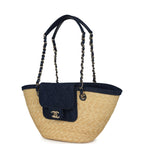 Small Coco Beach Shopping Tote Bag Bag Beige Raffia and Dark Blue Denim Light Gold Hardware