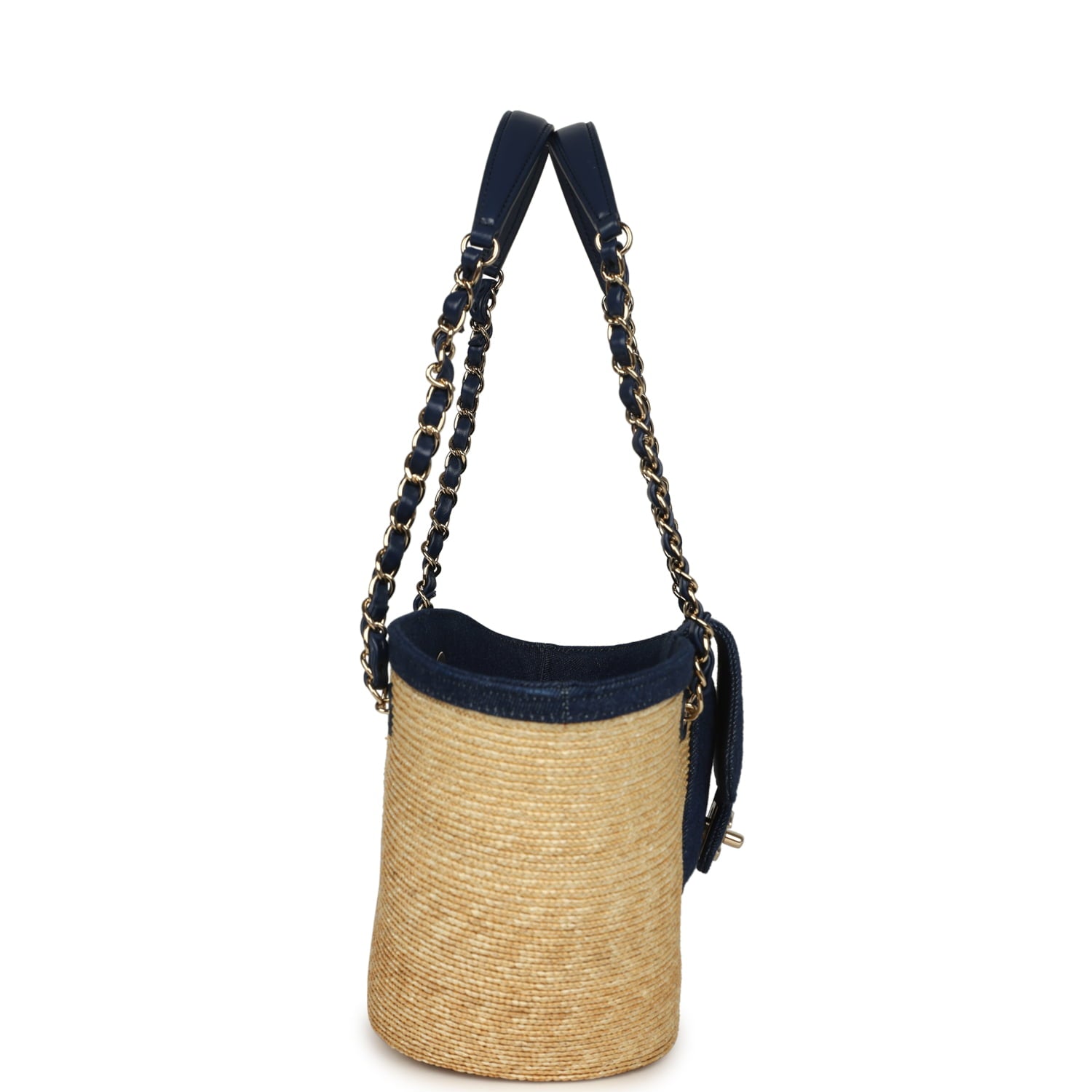 Small Coco Beach Shopping Tote Bag Bag Beige Raffia and Dark Blue Denim Light Gold Hardware