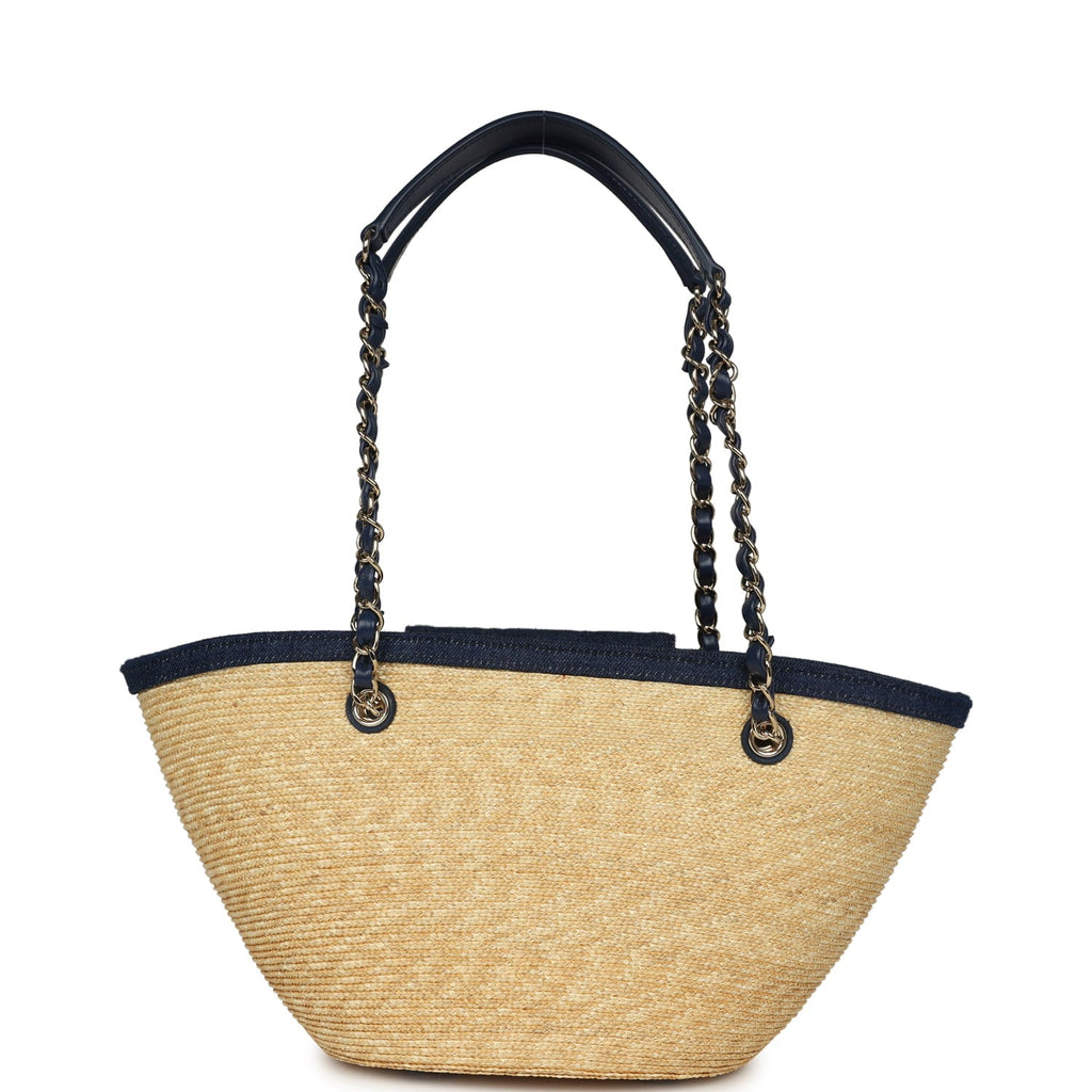 Small Coco Beach Shopping Tote Bag Bag Beige Raffia and Dark Blue Denim Light Gold Hardware