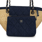 Small Coco Beach Shopping Tote Bag Bag Beige Raffia and Dark Blue Denim Light Gold Hardware