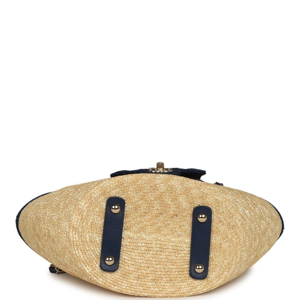Small Coco Beach Shopping Tote Bag Bag Beige Raffia and Dark Blue Denim Light Gold Hardware