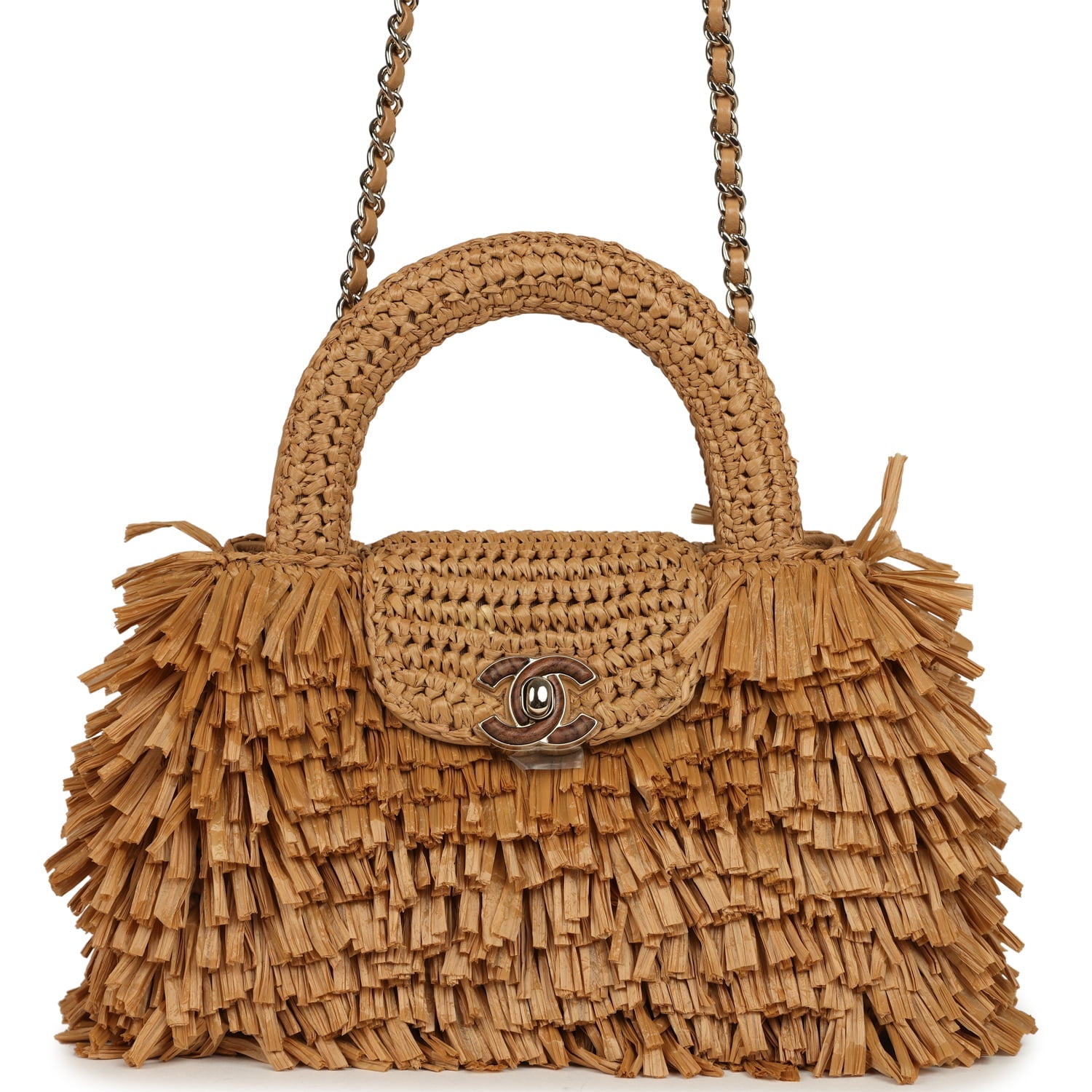 Small Fringe Kelly Dark Beige Raffia Wood and Light Gold Hardware