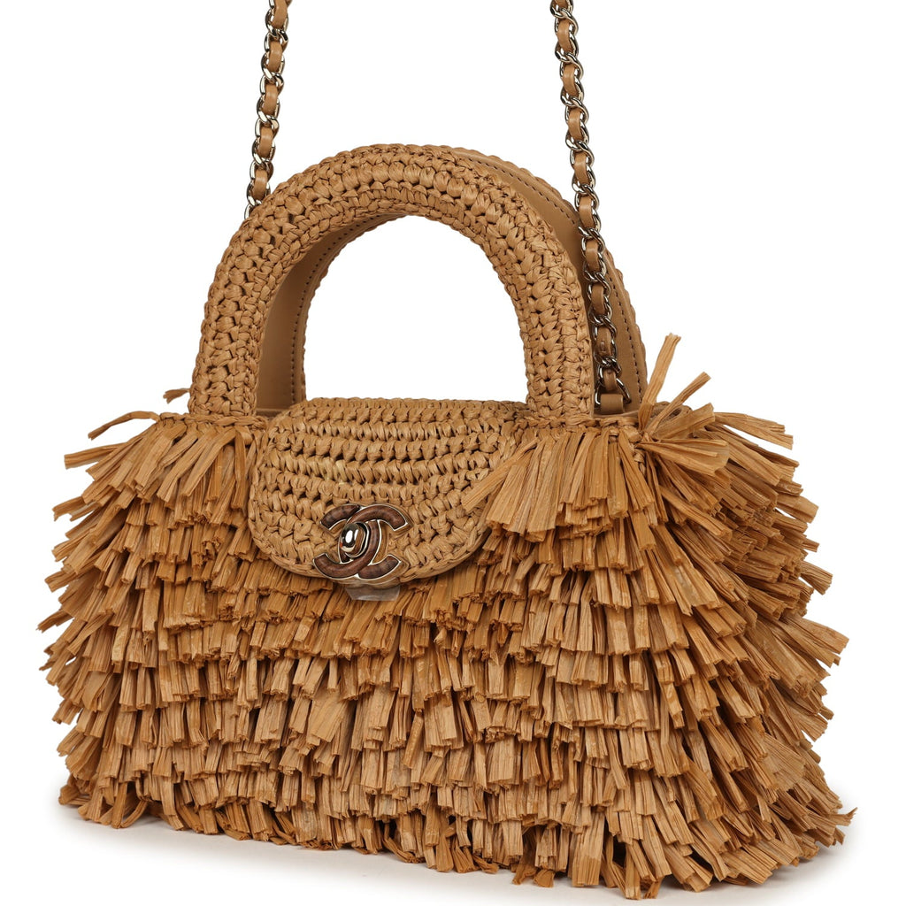 Small Fringe Kelly Dark Beige Raffia Wood and Light Gold Hardware