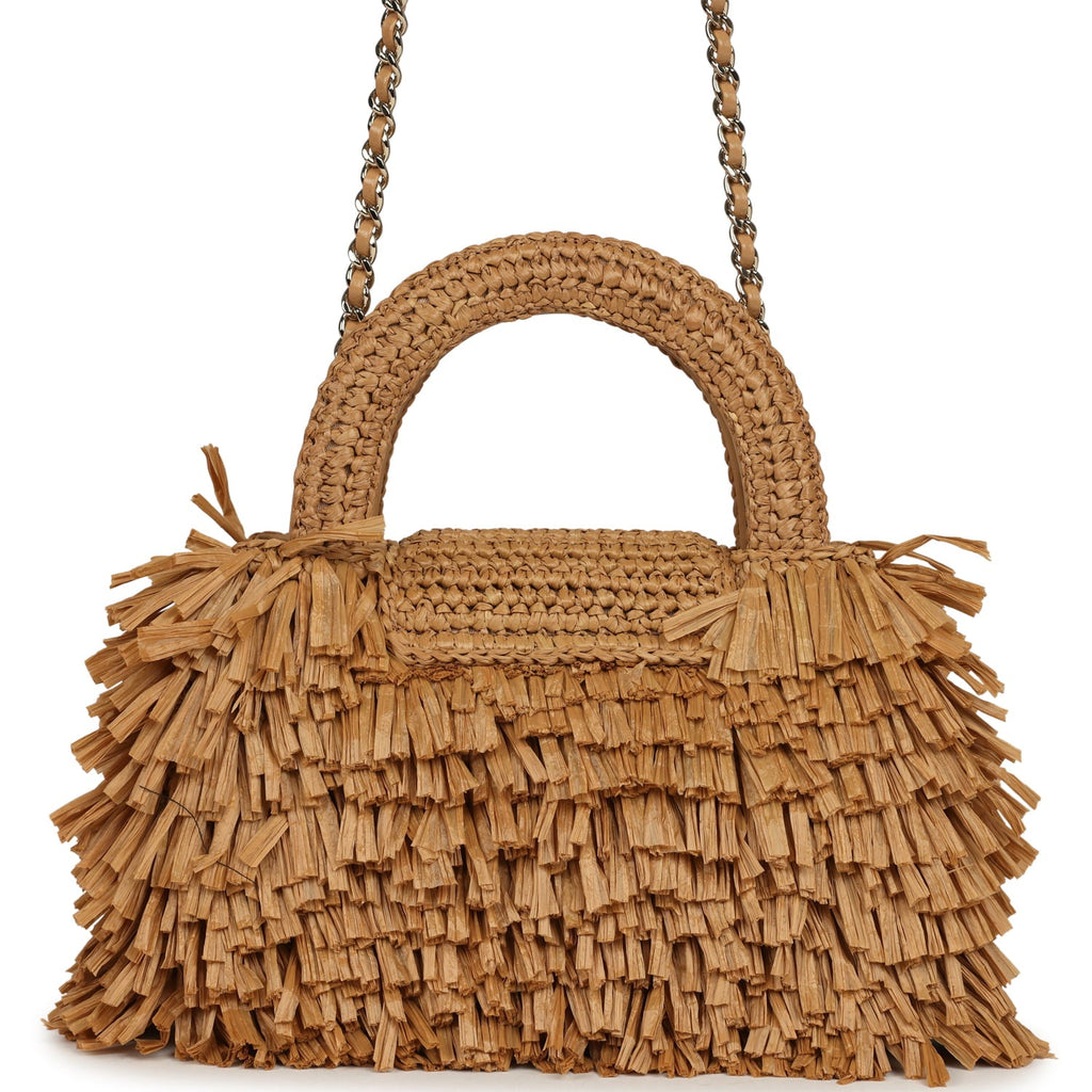 Small Fringe Kelly Dark Beige Raffia Wood and Light Gold Hardware