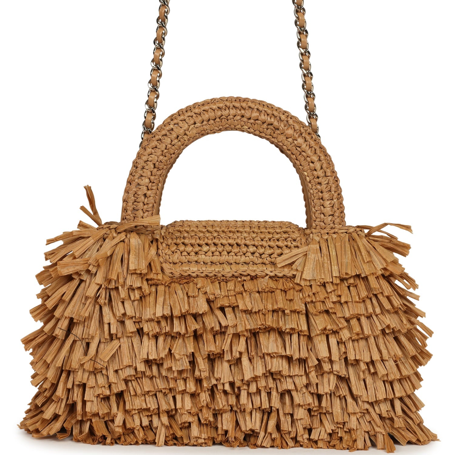 Small Fringe Kelly Dark Beige Raffia Wood and Light Gold Hardware