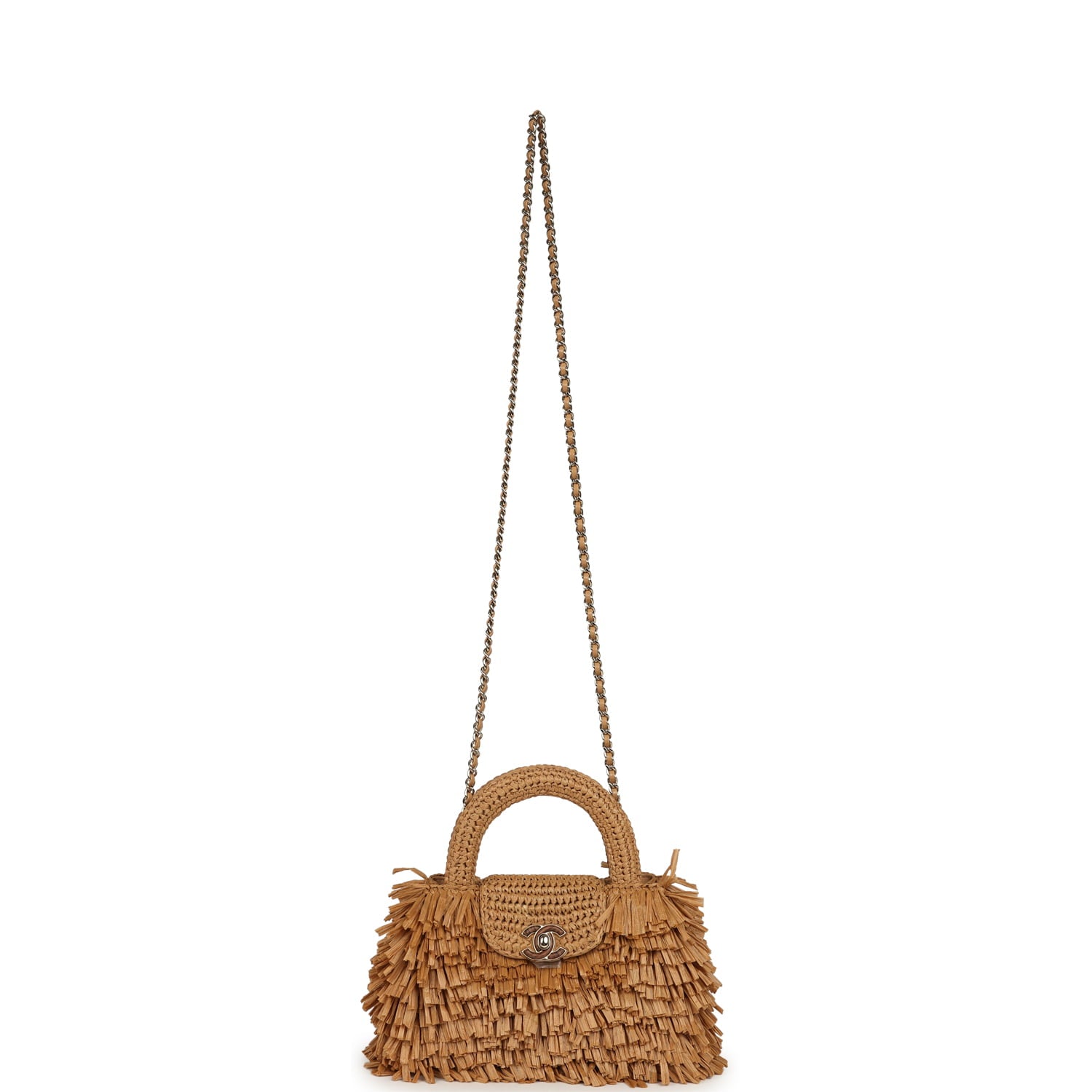 Small Fringe Kelly Dark Beige Raffia Wood and Light Gold Hardware