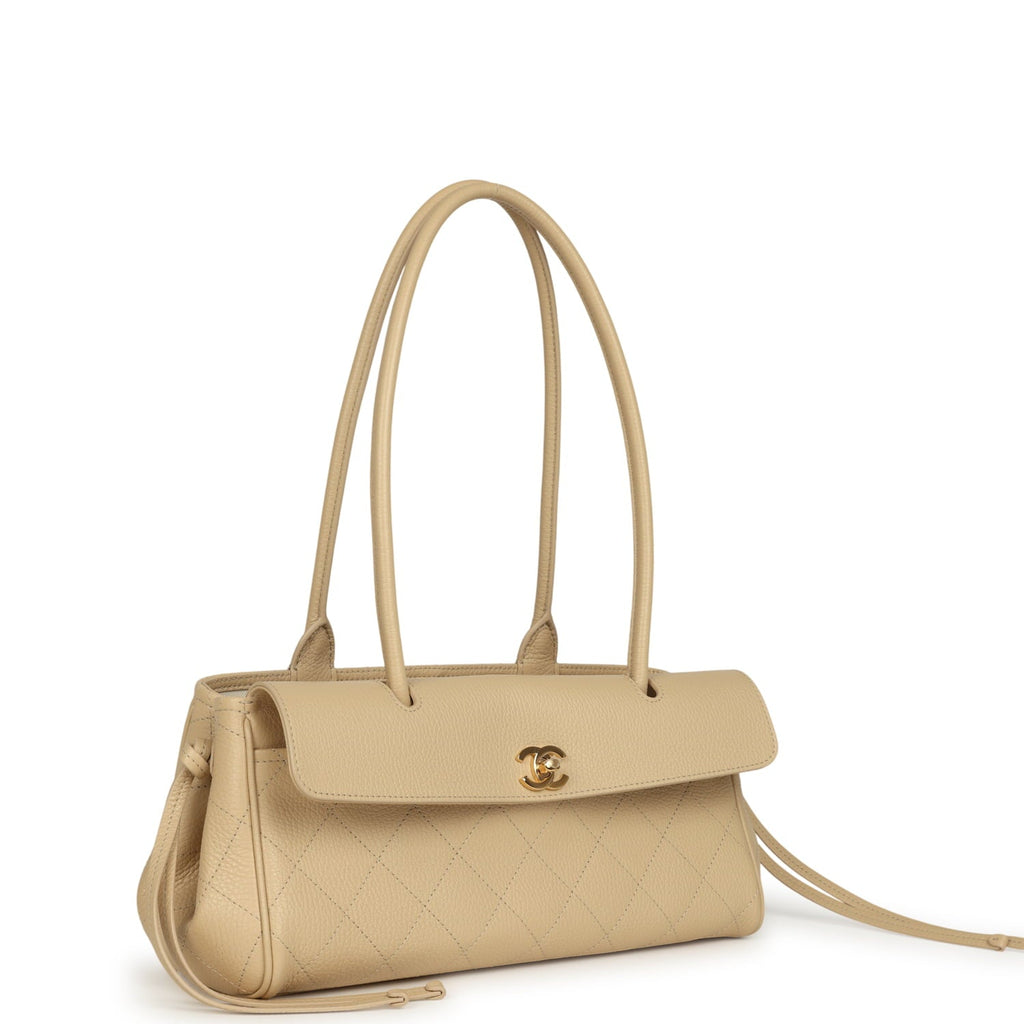 Small "Urban Essential" East West Shopping Tote Light Beige Caviar Gold Hardware