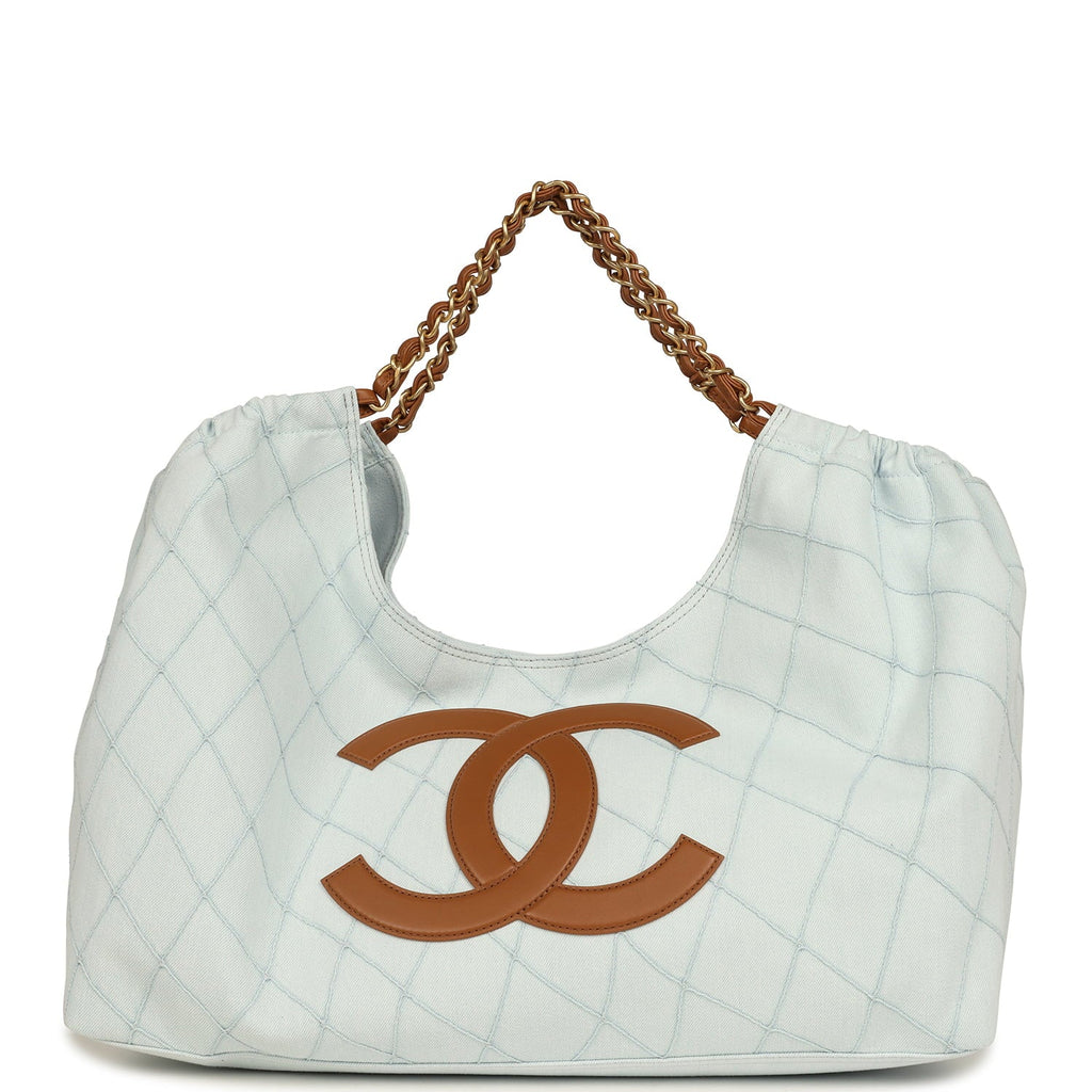 Maxi Coco Beach Cambon Hobo Bag Blue Denim and Brown Calfskin Brushed Gold Hardware