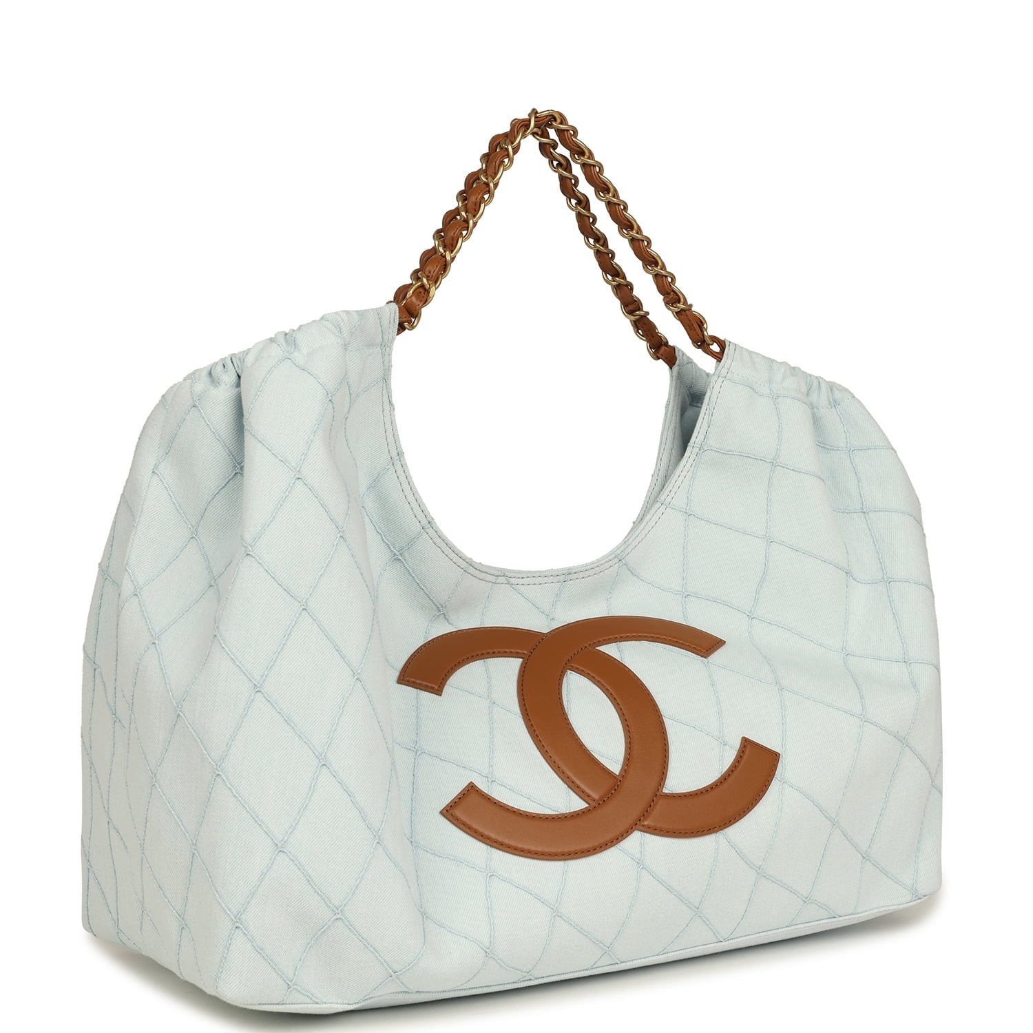 Maxi Coco Beach Cambon Hobo Bag Blue Denim and Brown Calfskin Brushed Gold Hardware
