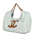 Maxi Coco Beach Cambon Hobo Bag Blue Denim and Brown Calfskin Brushed Gold Hardware