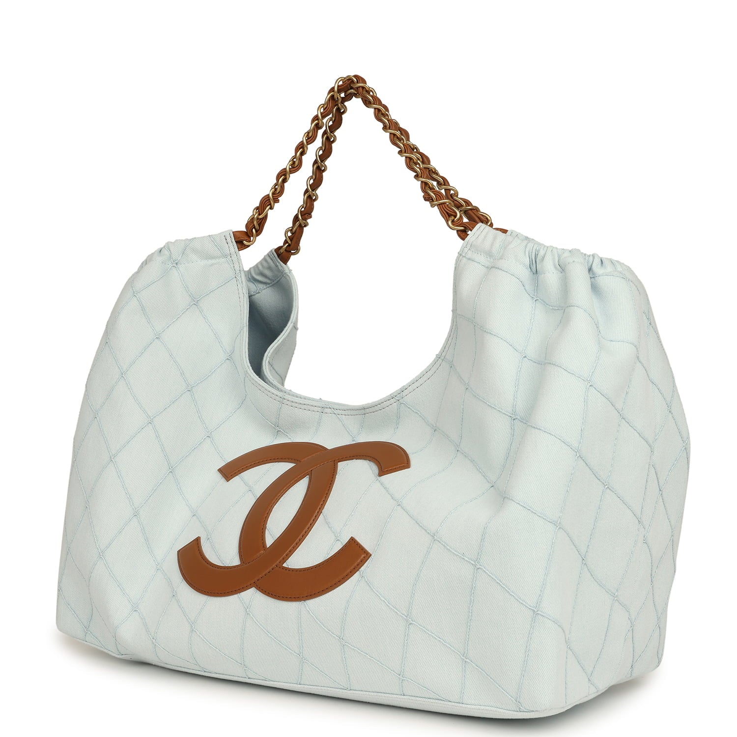 Maxi Coco Beach Cambon Hobo Bag Blue Denim and Brown Calfskin Brushed Gold Hardware