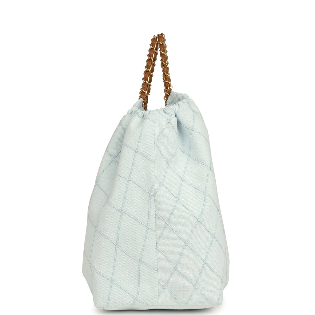Maxi Coco Beach Cambon Hobo Bag Blue Denim and Brown Calfskin Brushed Gold Hardware