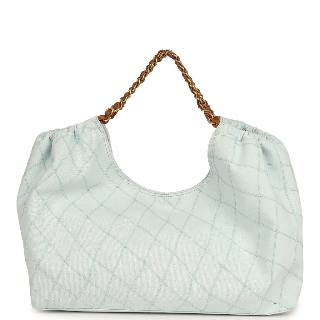 Maxi Coco Beach Cambon Hobo Bag Blue Denim and Brown Calfskin Brushed Gold Hardware