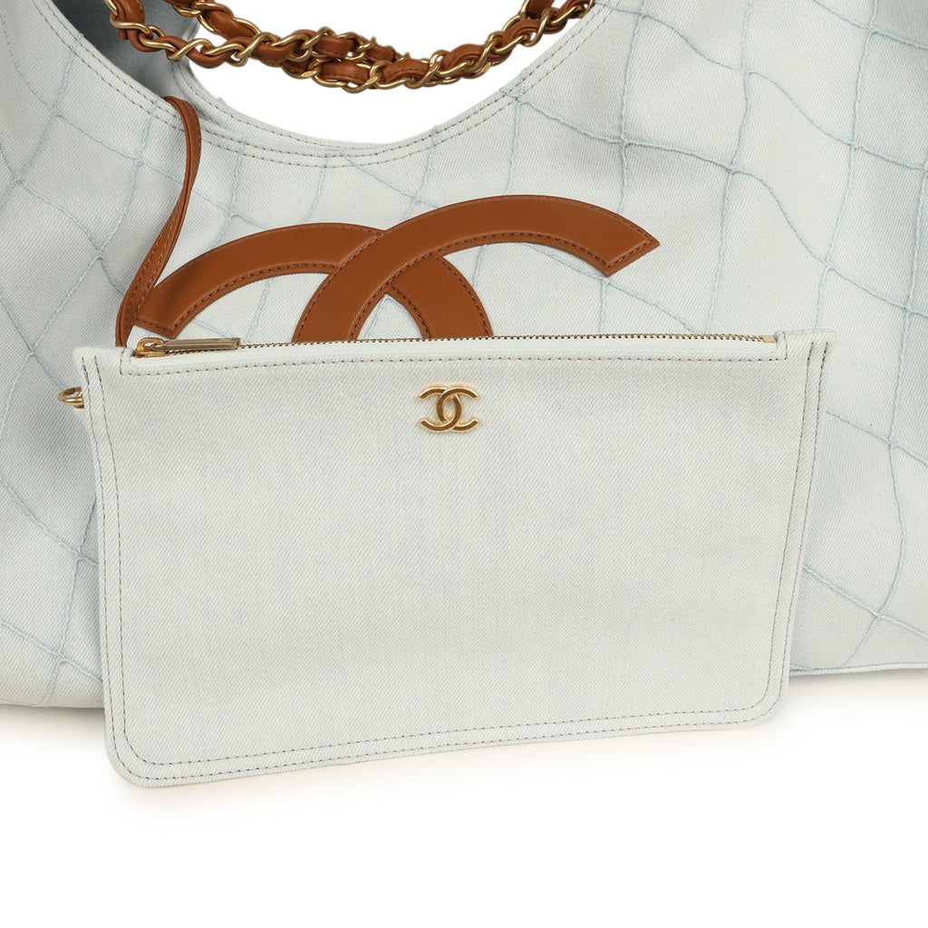 Maxi Coco Beach Cambon Hobo Bag Blue Denim and Brown Calfskin Brushed Gold Hardware