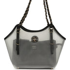 Small Coco Beach Shopping Bag Transparent Mesh and Black Calfskin Light Gold Hardware