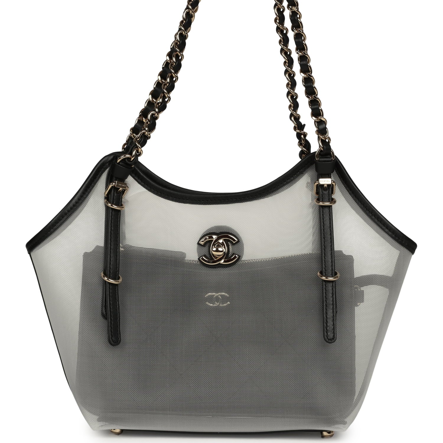 Small Coco Beach Shopping Bag Transparent Mesh and Black Calfskin Light Gold Hardware