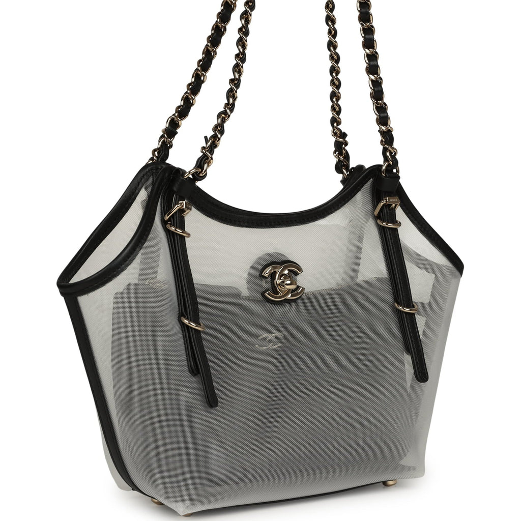 Small Coco Beach Shopping Bag Transparent Mesh and Black Calfskin Light Gold Hardware