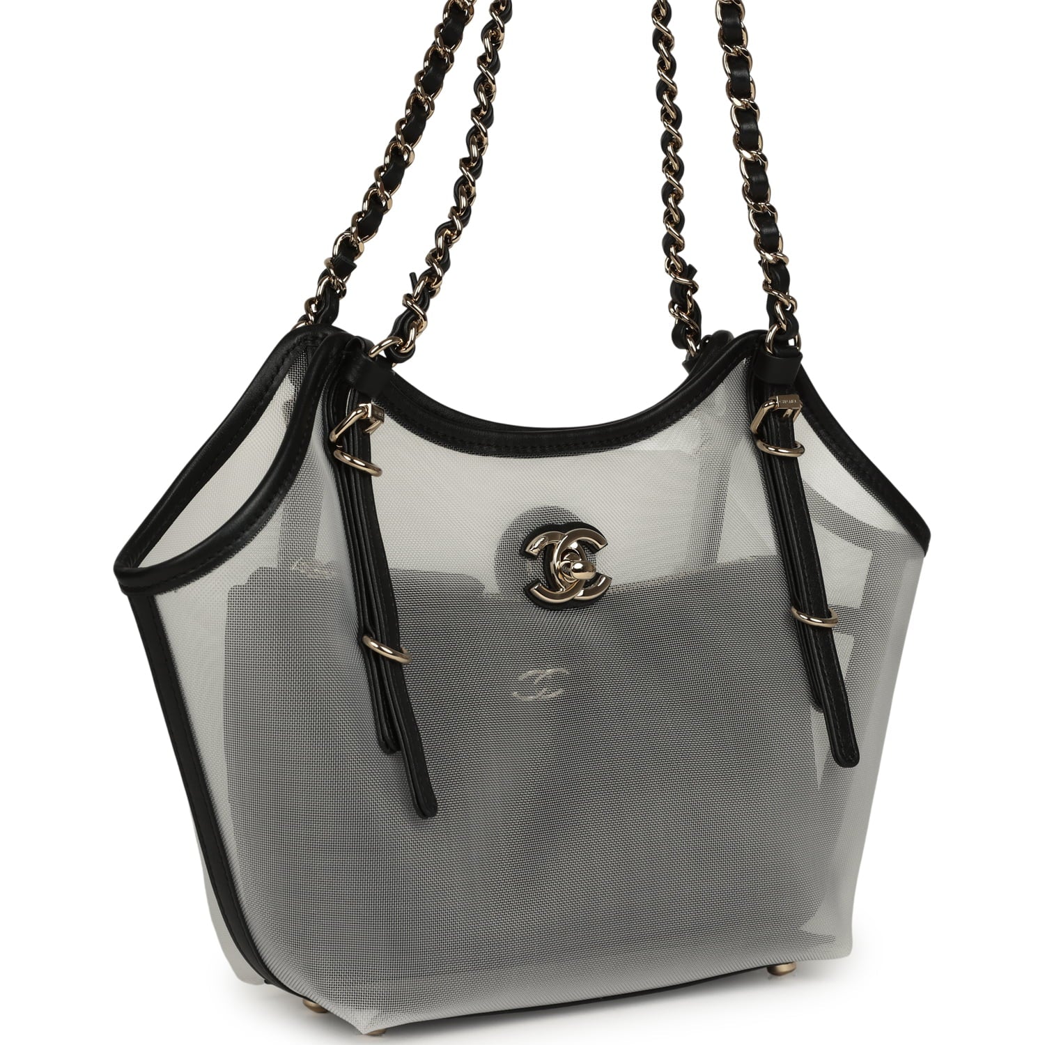 Small Coco Beach Shopping Bag Transparent Mesh and Black Calfskin Light Gold Hardware