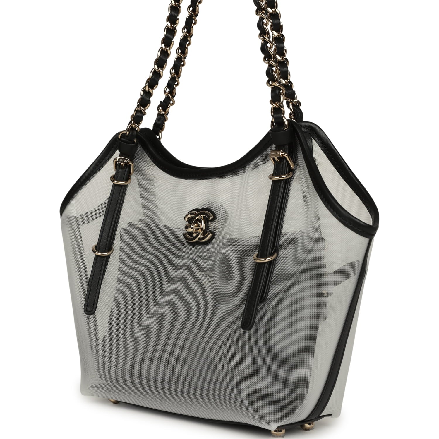 Small Coco Beach Shopping Bag Transparent Mesh and Black Calfskin Light Gold Hardware
