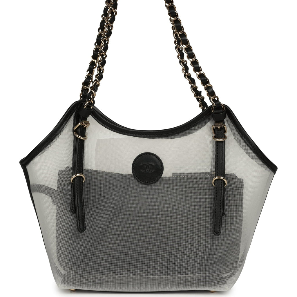 Small Coco Beach Shopping Bag Transparent Mesh and Black Calfskin Light Gold Hardware