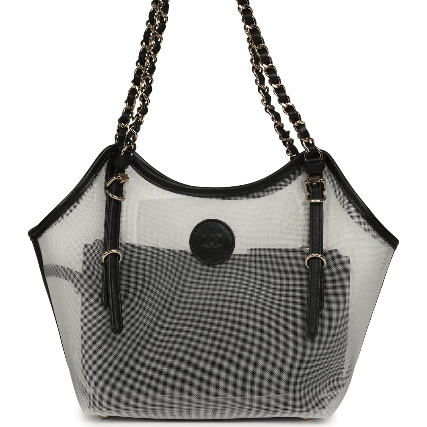 Small Coco Beach Shopping Bag Transparent Mesh and Black Calfskin Light Gold Hardware