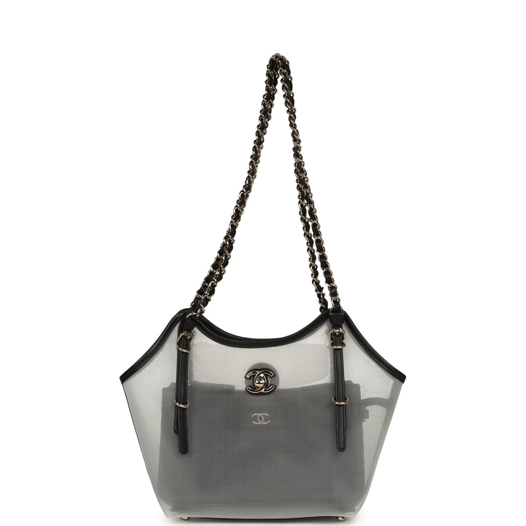 Small Coco Beach Shopping Bag Transparent Mesh and Black Calfskin Light Gold Hardware