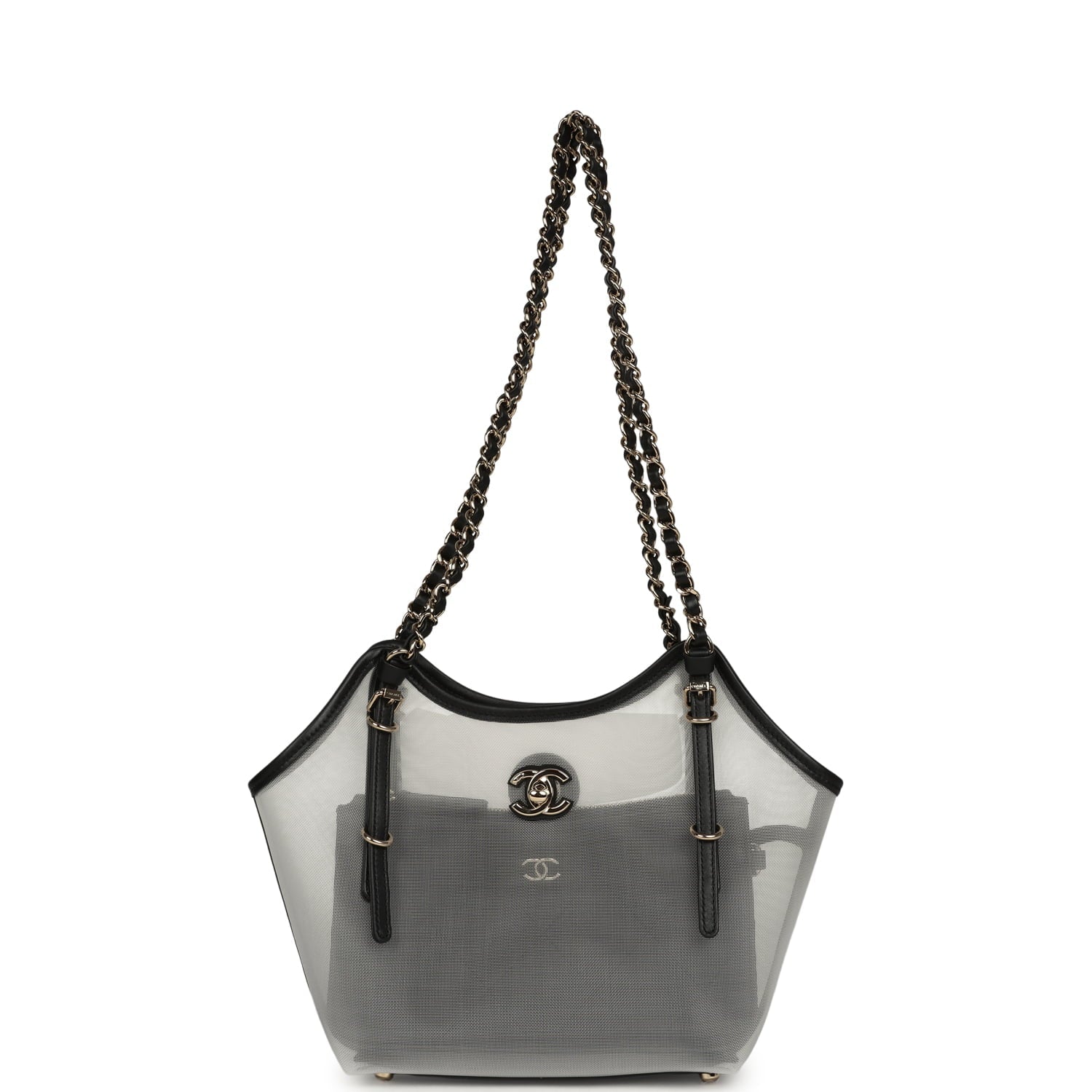 Small Coco Beach Shopping Bag Transparent Mesh and Black Calfskin Light Gold Hardware