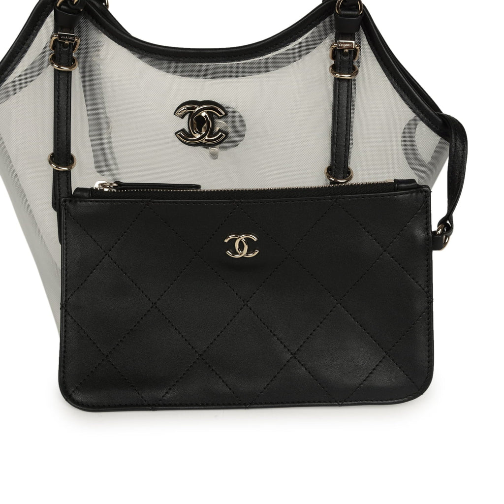 Small Coco Beach Shopping Bag Transparent Mesh and Black Calfskin Light Gold Hardware