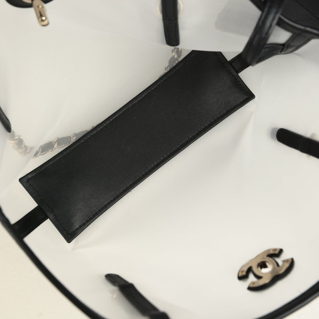 Small Coco Beach Shopping Bag Transparent Mesh and Black Calfskin Light Gold Hardware
