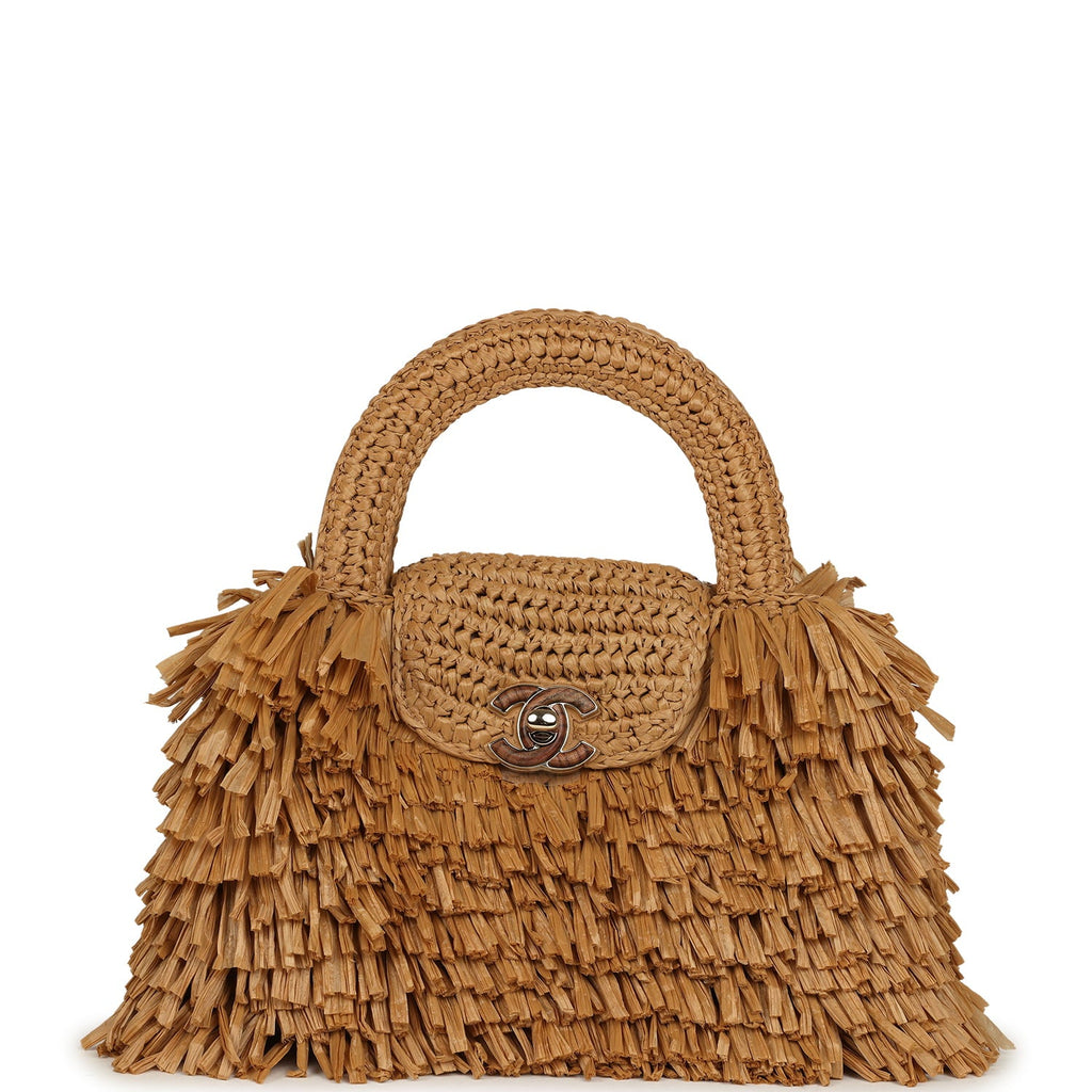 Small Fringe Kelly Dark Beige Raffia Wood and Light Gold Hardware